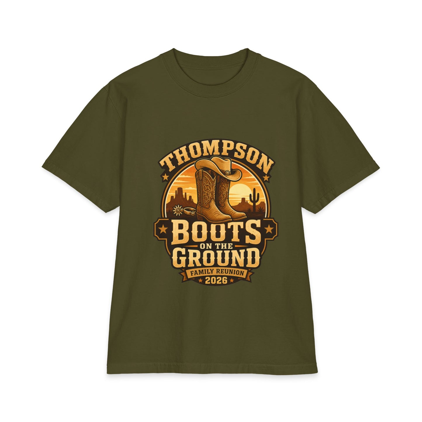 Boots on the Ground Family Reunion T-Shirt — Personalized Thompson Western Cowboy Boots Design (2026)