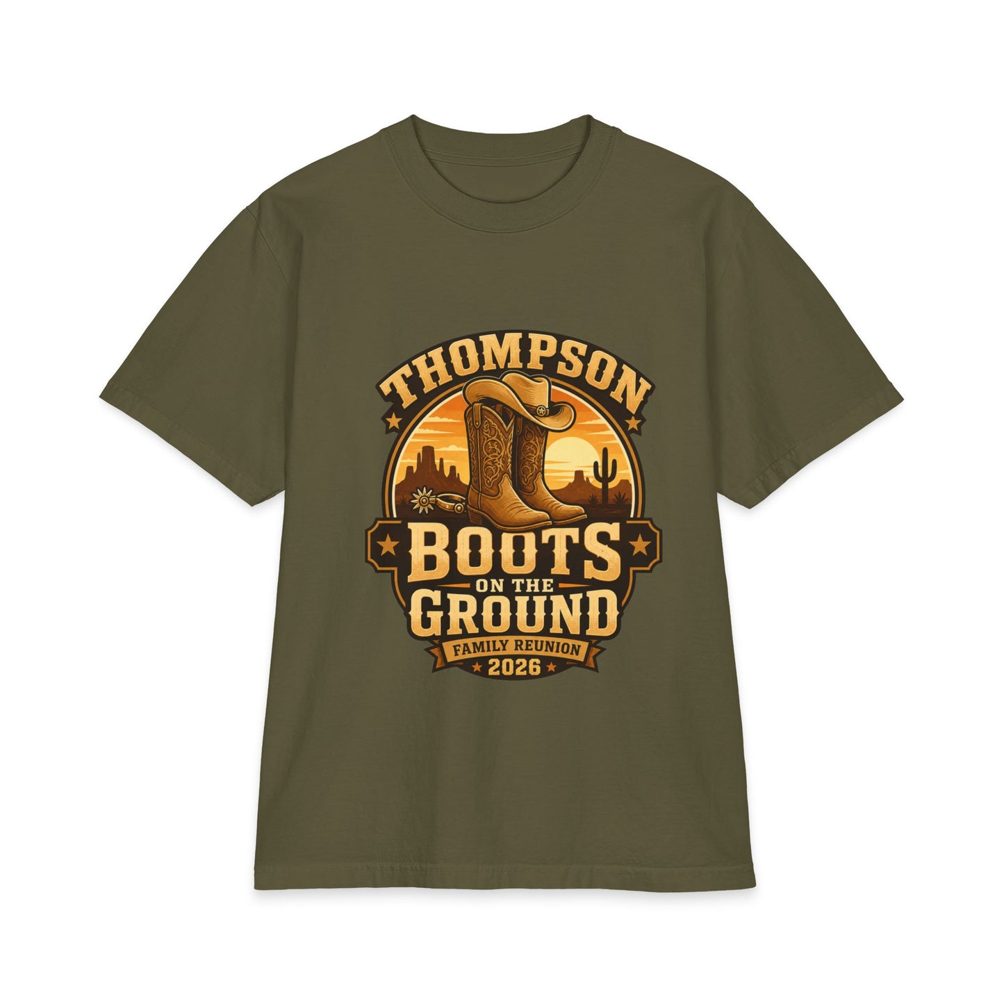Boots on the Ground Family Reunion T-Shirt — Personalized Thompson Western Cowboy Boots Design (2026)